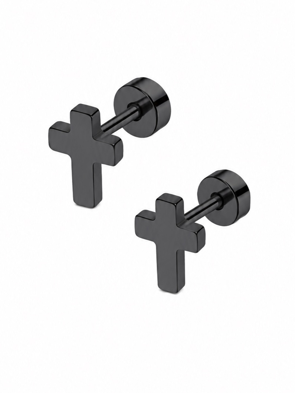 Black Cross Flat Back Stud Earrings 20G Stainless Steel